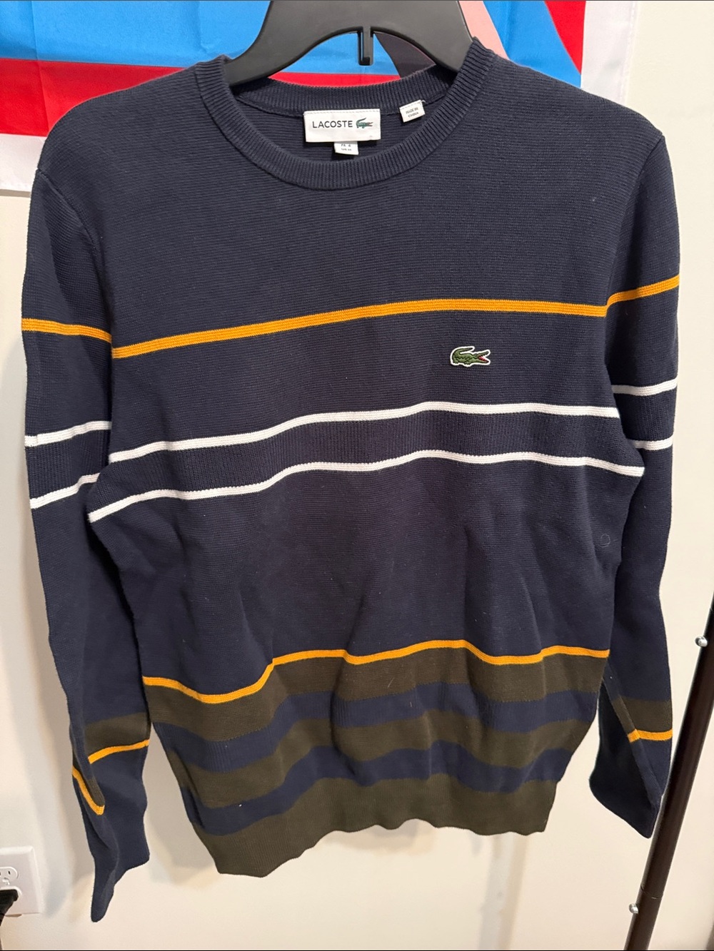 Lacoste Navy Crewneck Sweater with White, Mustard & Olive Stripes
